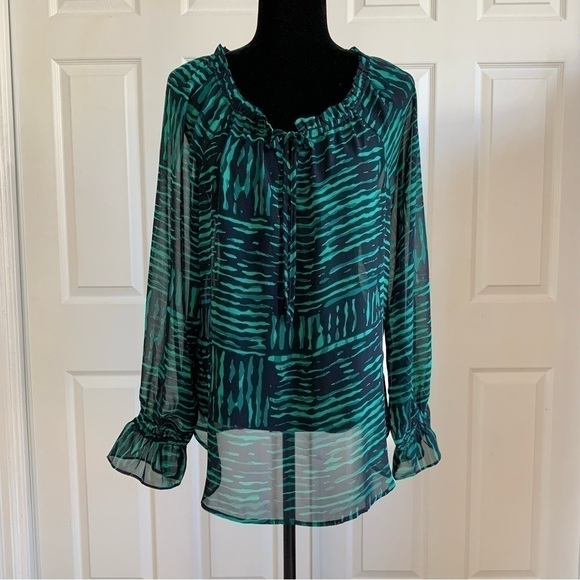 LOFT Green and Navy Sheer Long Sleeve Flowy Blouse - Picture 1 of 6